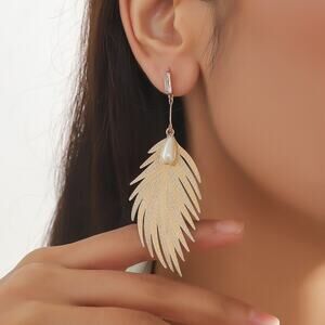 Gold Tome Exaggerated Boho Style Leaf Plating Alloy Drop Earrings Pearl Artsy